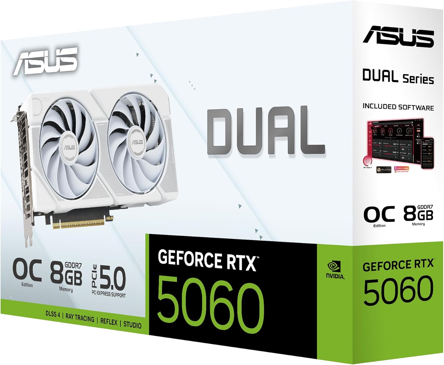 ASUS Dual GeForce RTX™ 5060 8GB GDDR7 White Edition (PCIe 5.0, 8GB GDDR7, DLSS 4, HDMI 2.1b, DisplayPort 2.1b, 2.5-Slot, Axial-tech Fan Design, 0dB Technology, Dual BIOS and More) Elite
