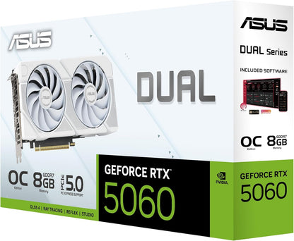 ASUS Dual GeForce RTX™ 5060 8GB GDDR7 White Edition (PCIe 5.0, 8GB GDDR7, DLSS 4, HDMI 2.1b, DisplayPort 2.1b, 2.5-Slot, Axial-tech Fan Design, 0dB Technology, Dual BIOS and More) Elite