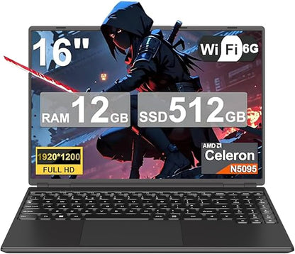 2025 16 Inch Gaming Laptop N5095 (Up to 2.9 GHz) 12GB+512GB SSD Support 1TB Expand Win 11 Laptops 1920 * 1200 FHD Screen 5G WiFi BT 4.2 Webcam Cooling Fan Numeric Keypad-Purple Elite