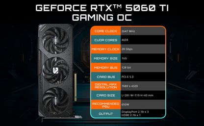 GIGABYTE GeForce RTX 5060 Ti Gaming OC 16G Graphics Card, 16GB 128-bit GDDR7, PCIe 5.0, WINDFORCE Cooling System, GV-N506TGAMING OC-16GD Video Card Elite
