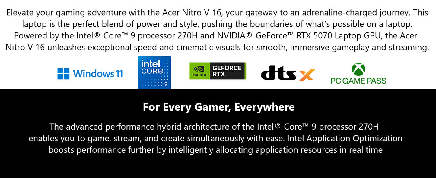 Acer Nitro V Gaming Laptop | Intel Core 9 Processor 270H | NVIDIA GeForce RTX 5070 Laptop GPU | 16" WUXGA IPS 180Hz Display | 32GB DDR5 | 1TB Gen 4 SSD | Wi-Fi 6 | Backlit KB | ANV16-72-933F Elite