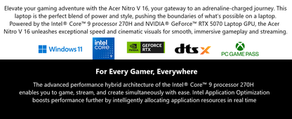 Acer Nitro V Gaming Laptop | Intel Core 9 Processor 270H | NVIDIA GeForce RTX 5070 Laptop GPU | 16" WUXGA IPS 180Hz Display | 32GB DDR5 | 1TB Gen 4 SSD | Wi-Fi 6 | Backlit KB | ANV16-72-933F Elite