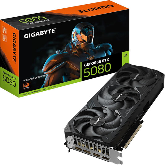 GIGABYTE GeForce RTX 5080 WINDFORCE SFF 16G Graphics Card, 16GB 256-bit GDDR7, PCIe 5.0, WINDFORCE Cooling System, GV-N5080WF3-16GD Video Card Elite