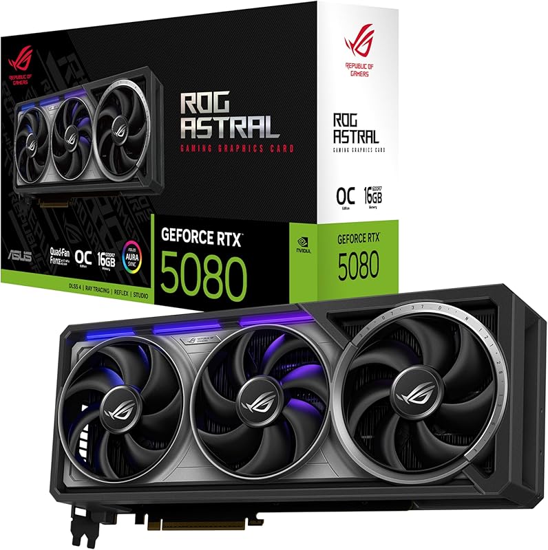 ASUS ROG Astral GeForce RTX™ 5080 OC Edition Gaming Graphics Card (PCIe® 5.0, 16GB GDDR7, HDMI®/DP 2.1, 3.8-Slot, 4-Fan Design, Axial-tech Fans, Patented Vapor Chamber, Phase-Change GPU Thermal pad) Elite