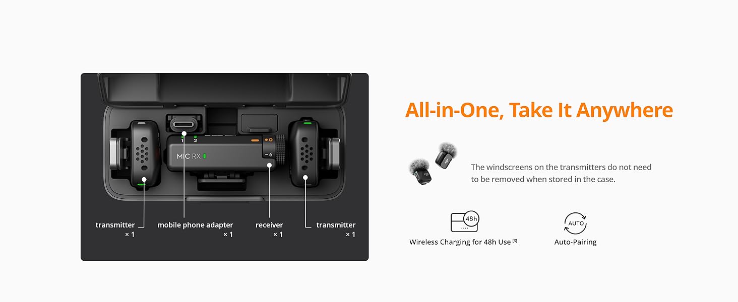 DJI Mic Mini Ultralight Wireless Lavalier Microphone for IPhone/Android 48h Use 2 TX 1 RX Charging Case 48h Use Noise Cancelling Elite