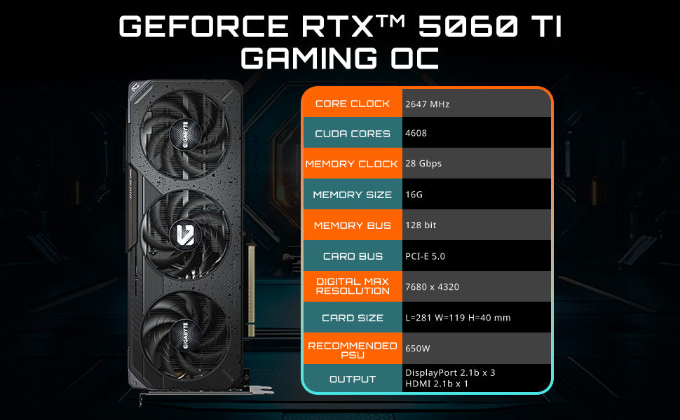 GIGABYTE GeForce RTX 5060 Ti Gaming OC 16G Graphics Card, 16GB 128-bit GDDR7, PCIe 5.0, WINDFORCE Cooling System, GV-N506TGAMING OC-16GD Video Card Elite