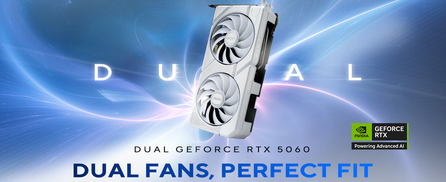ASUS Dual GeForce RTX™ 5060 8GB GDDR7 White Edition (PCIe 5.0, 8GB GDDR7, DLSS 4, HDMI 2.1b, DisplayPort 2.1b, 2.5-Slot, Axial-tech Fan Design, 0dB Technology, Dual BIOS and More) Elite