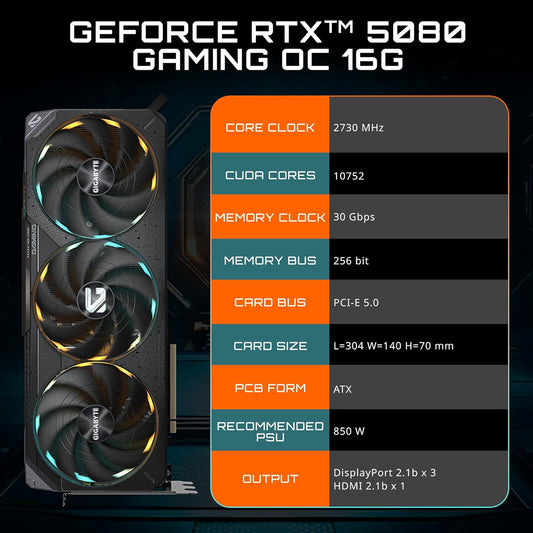 GIGABYTE GeForce RTX 5080 Gaming OC 16G Graphics Card, WINDFORCE Cooling System, 16GB 256-bit GDDR7, GV-N5080GAMING OC-16GD Video Card Elite
