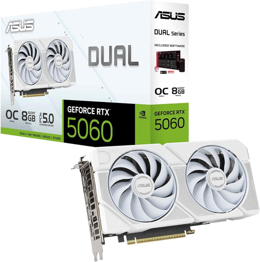 ASUS Dual GeForce RTX™ 5060 8GB GDDR7 White Edition (PCIe 5.0, 8GB GDDR7, DLSS 4, HDMI 2.1b, DisplayPort 2.1b, 2.5-Slot, Axial-tech Fan Design, 0dB Technology, Dual BIOS and More) Elite