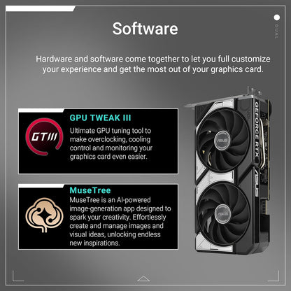 ASUS Dual GeForce RTX™ 5060 8GB GDDR7 OC Edition (PCIe 5.0, 8GB GDDR7, DLSS 4, HDMI 2.1b, DisplayPort 2.1b, 2.5-Slot Design, Axial-tech Fan Design, 0dB Technology, and More) Elite
