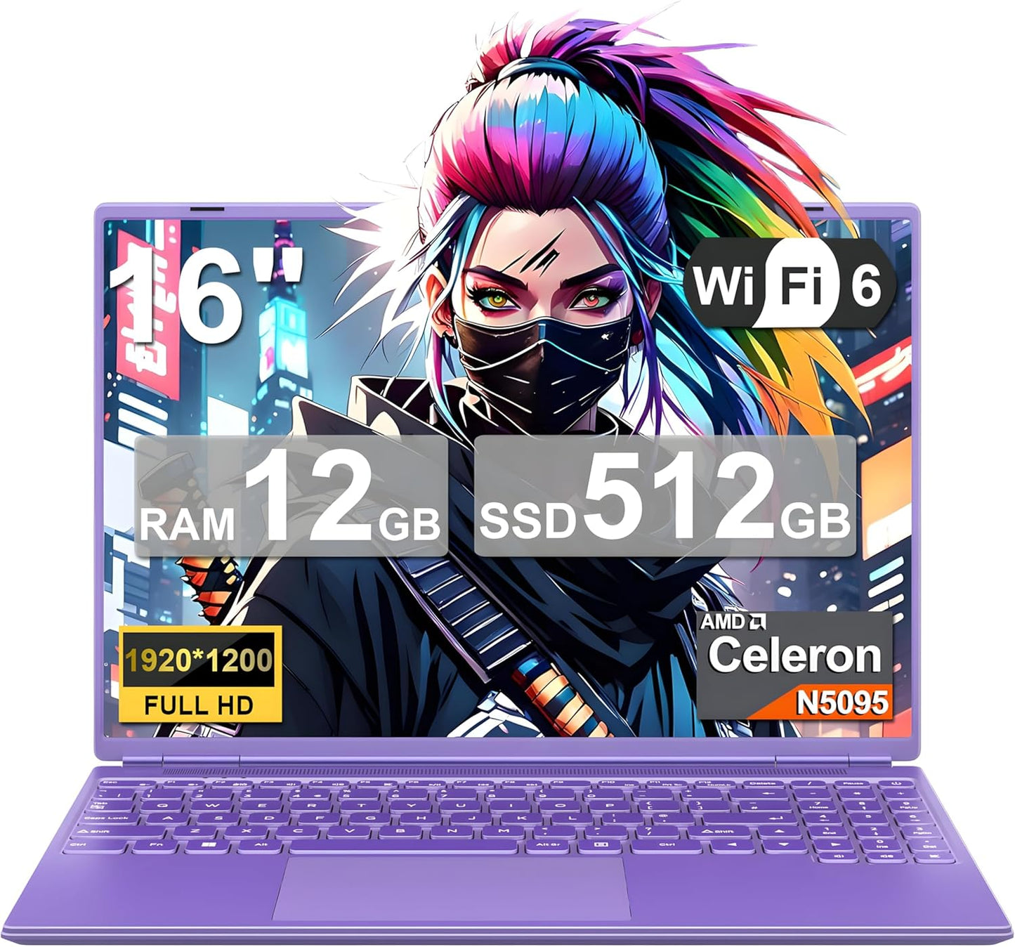 2025 16 Inch Gaming Laptop N5095 (Up to 2.9 GHz) 12GB+512GB SSD Support 1TB Expand Win 11 Laptops 1920 * 1200 FHD Screen 5G WiFi BT 4.2 Webcam Cooling Fan Numeric Keypad-Purple Elite