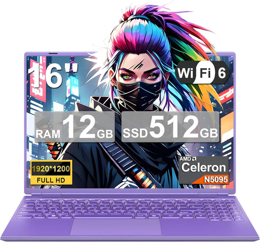 2025 16 Inch Gaming Laptop N5095 (Up to 2.9 GHz) 12GB+512GB SSD Support 1TB Expand Win 11 Laptops 1920 * 1200 FHD Screen 5G WiFi BT 4.2 Webcam Cooling Fan Numeric Keypad-Purple Elite