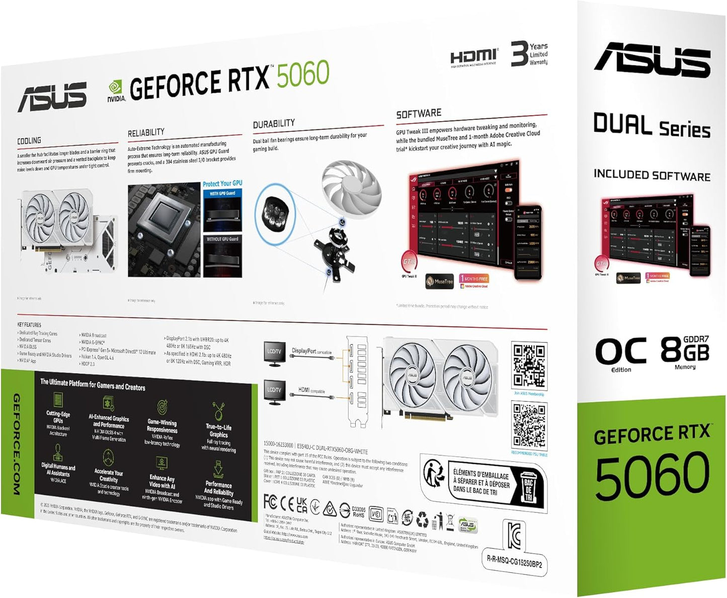 ASUS Dual GeForce RTX™ 5060 8GB GDDR7 White Edition (PCIe 5.0, 8GB GDDR7, DLSS 4, HDMI 2.1b, DisplayPort 2.1b, 2.5-Slot, Axial-tech Fan Design, 0dB Technology, Dual BIOS and More) Elite