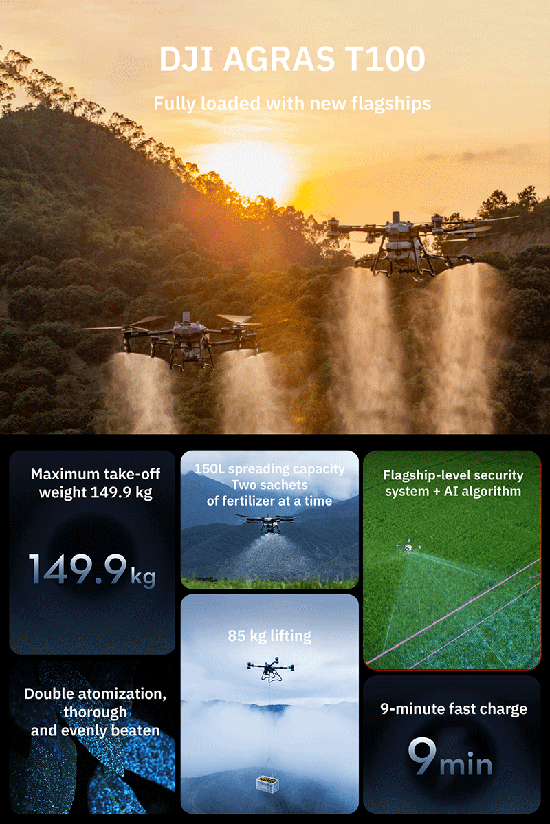 DJI Agras T100 Agricultural Drone Ready To Fly Bundle (With 3 Batteries) Optional C12000 Charging Station Or D14000iE Generator Elite
