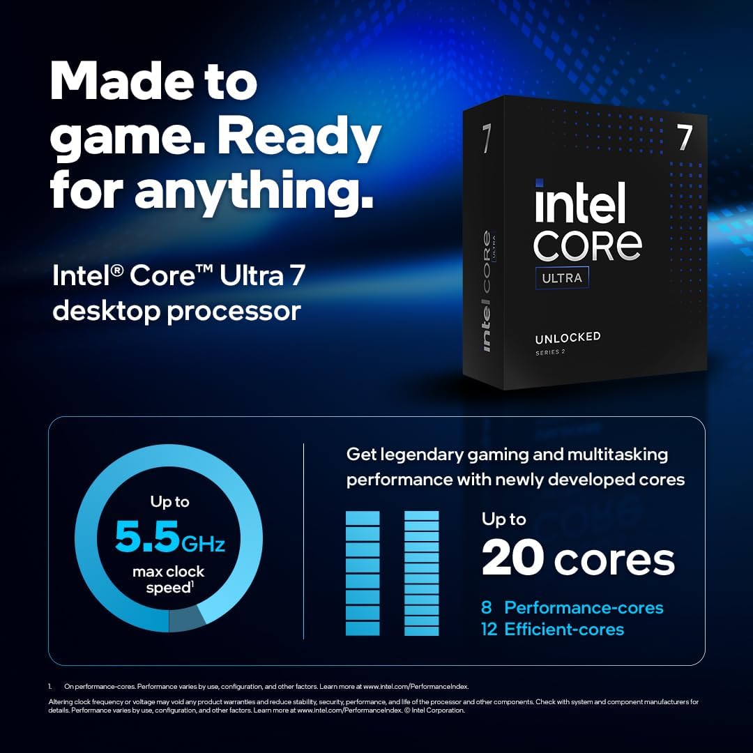 Intel Core Ultra 7 Desktop Processor 265K - 20 cores (8 P-cores + 12 E-cores) up to 5.5 GHz Elite