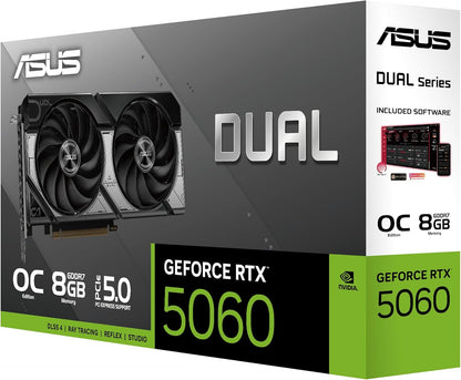 ASUS Dual GeForce RTX™ 5060 8GB GDDR7 OC Edition (PCIe 5.0, 8GB GDDR7, DLSS 4, HDMI 2.1b, DisplayPort 2.1b, 2.5-Slot Design, Axial-tech Fan Design, 0dB Technology, and More) Elite