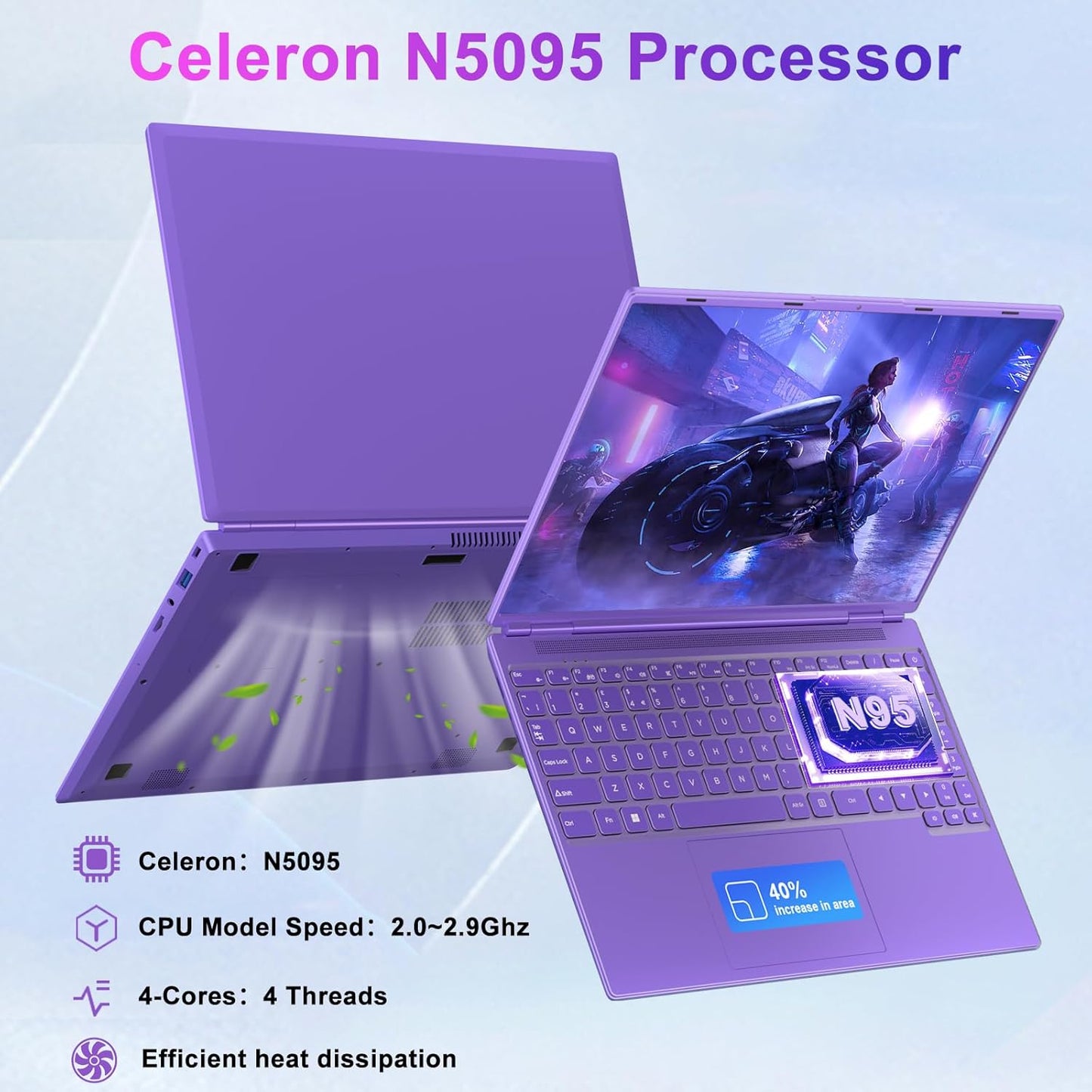 2025 16 Inch Gaming Laptop N5095 (Up to 2.9 GHz) 12GB+512GB SSD Support 1TB Expand Win 11 Laptops 1920 * 1200 FHD Screen 5G WiFi BT 4.2 Webcam Cooling Fan Numeric Keypad-Purple Elite