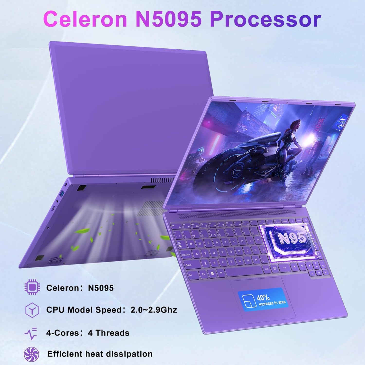 2025 16 Inch Gaming Laptop N5095 (Up to 2.9 GHz) 12GB+512GB SSD Support 1TB Expand Win 11 Laptops 1920 * 1200 FHD Screen 5G WiFi BT 4.2 Webcam Cooling Fan Numeric Keypad-Purple Elite