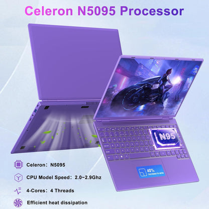 2025 16 Inch Gaming Laptop N5095 (Up to 2.9 GHz) 12GB+512GB SSD Support 1TB Expand Win 11 Laptops 1920 * 1200 FHD Screen 5G WiFi BT 4.2 Webcam Cooling Fan Numeric Keypad-Purple Elite
