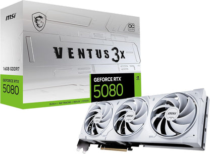 MSI Gaming RTX 5080 16G Ventus 3X OC White Graphics Card (16GB GDDR7, 256-bit, Extreme Clock TBD MHz, DisplayPort x 3 2.1a, HDMI 2.1b, NVIDIA Blackwell Architecture) Elite