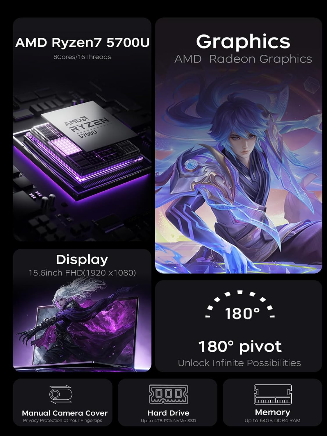 2025 Gaming Laptop with AMD Ryzen7 5000 Series(Up to 4.3GHZ,8C/16T),AMD Radeon Graphics,16GB DDR4x2 512GB SSD Notebook Computer with Numeric Keyboard,15.6 inch IPS Display,WIFI6,Type-C Elite