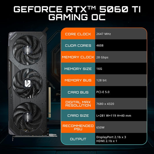 GIGABYTE GeForce RTX 5060 Ti Gaming OC 16G Graphics Card, 16GB 128-bit GDDR7, PCIe 5.0, WINDFORCE Cooling System, GV-N506TGAMING OC-16GD Video Card Elite