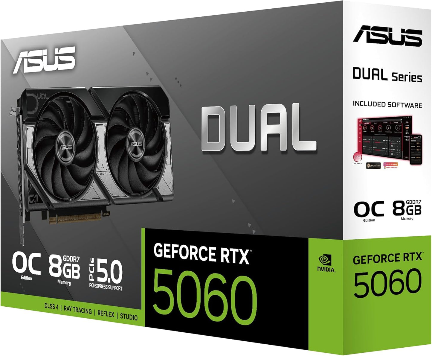 ASUS Dual GeForce RTX™ 5060 8GB GDDR7 OC Edition (PCIe 5.0, 8GB GDDR7, DLSS 4, HDMI 2.1b, DisplayPort 2.1b, 2.5-Slot Design, Axial-tech Fan Design, 0dB Technology, and More) Elite