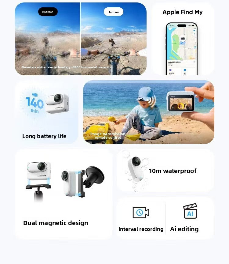 In-sta360 Go3s 128GB White Miniature Action & Sports Camcorder 4K Hand-Free POVs Stabilized Battery Life for 140 Minutes Elite