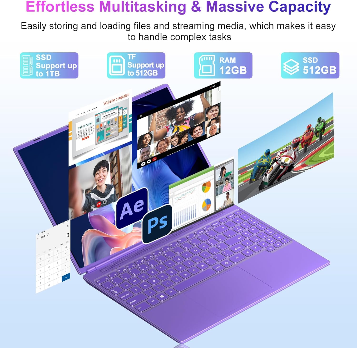 2025 16 Inch Gaming Laptop N5095 (Up to 2.9 GHz) 12GB+512GB SSD Support 1TB Expand Win 11 Laptops 1920 * 1200 FHD Screen 5G WiFi BT 4.2 Webcam Cooling Fan Numeric Keypad-Purple Elite