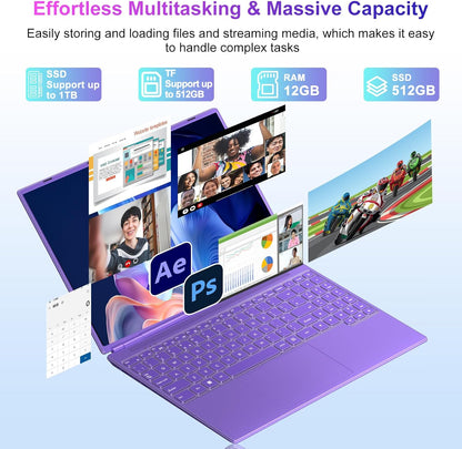 2025 16 Inch Gaming Laptop N5095 (Up to 2.9 GHz) 12GB+512GB SSD Support 1TB Expand Win 11 Laptops 1920 * 1200 FHD Screen 5G WiFi BT 4.2 Webcam Cooling Fan Numeric Keypad-Purple Elite