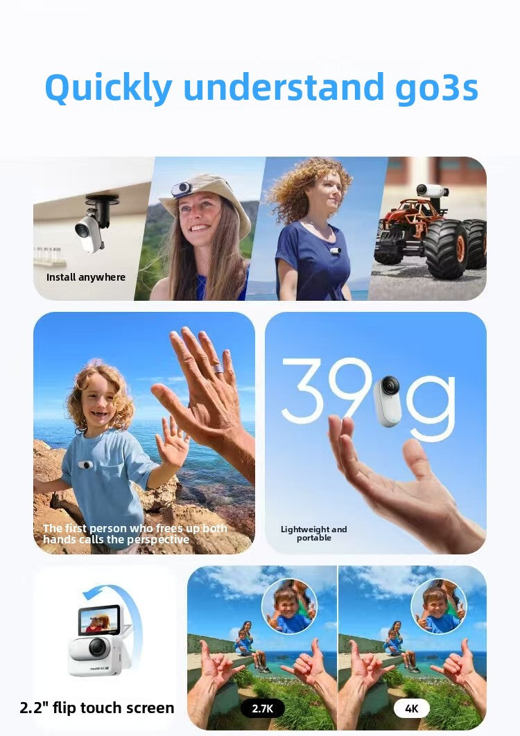 In-sta360 Go3s 128GB White Miniature Action & Sports Camcorder 4K Hand-Free POVs Stabilized Battery Life for 140 Minutes Elite