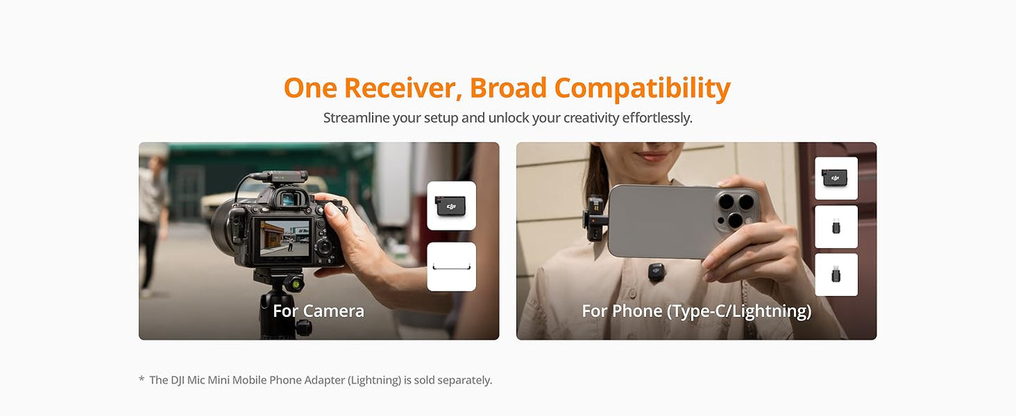 DJI Mic Mini Ultralight Wireless Lavalier Microphone for IPhone/Android 48h Use 2 TX 1 RX Charging Case 48h Use Noise Cancelling Elite