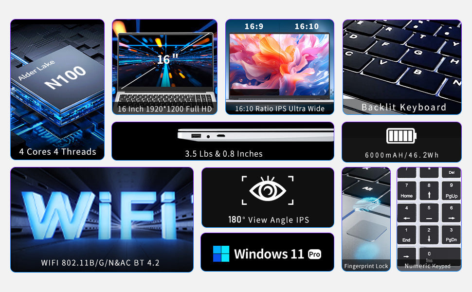 Laptop Computer, Gaming Laptops 2025, 16 Inch Lap Top PC Win 11 Pro, 16GB RAM 1TB SSD, N100 Processor(up to 3.4GHz), Backlit Keyboard, for Business and Students Elite