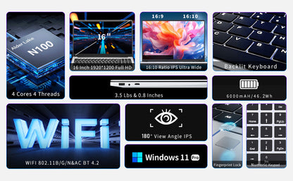 Laptop Computer, Gaming Laptops 2025, 16 Inch Lap Top PC Win 11 Pro, 16GB RAM 1TB SSD, N100 Processor(up to 3.4GHz), Backlit Keyboard, for Business and Students Elite