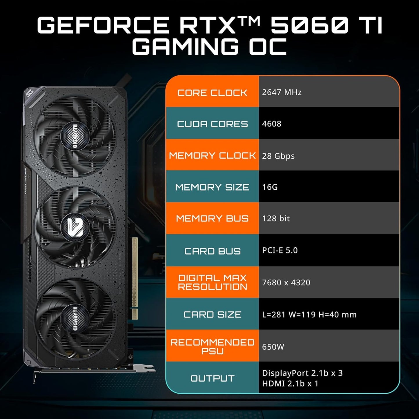 GIGABYTE GeForce RTX 5060 Ti Gaming OC 16G Graphics Card, 16GB 128-bit GDDR7, PCIe 5.0, WINDFORCE Cooling System, GV-N506TGAMING OC-16GD Video Card Elite