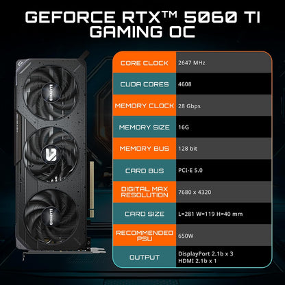 GIGABYTE GeForce RTX 5060 Ti Gaming OC 16G Graphics Card, 16GB 128-bit GDDR7, PCIe 5.0, WINDFORCE Cooling System, GV-N506TGAMING OC-16GD Video Card Elite