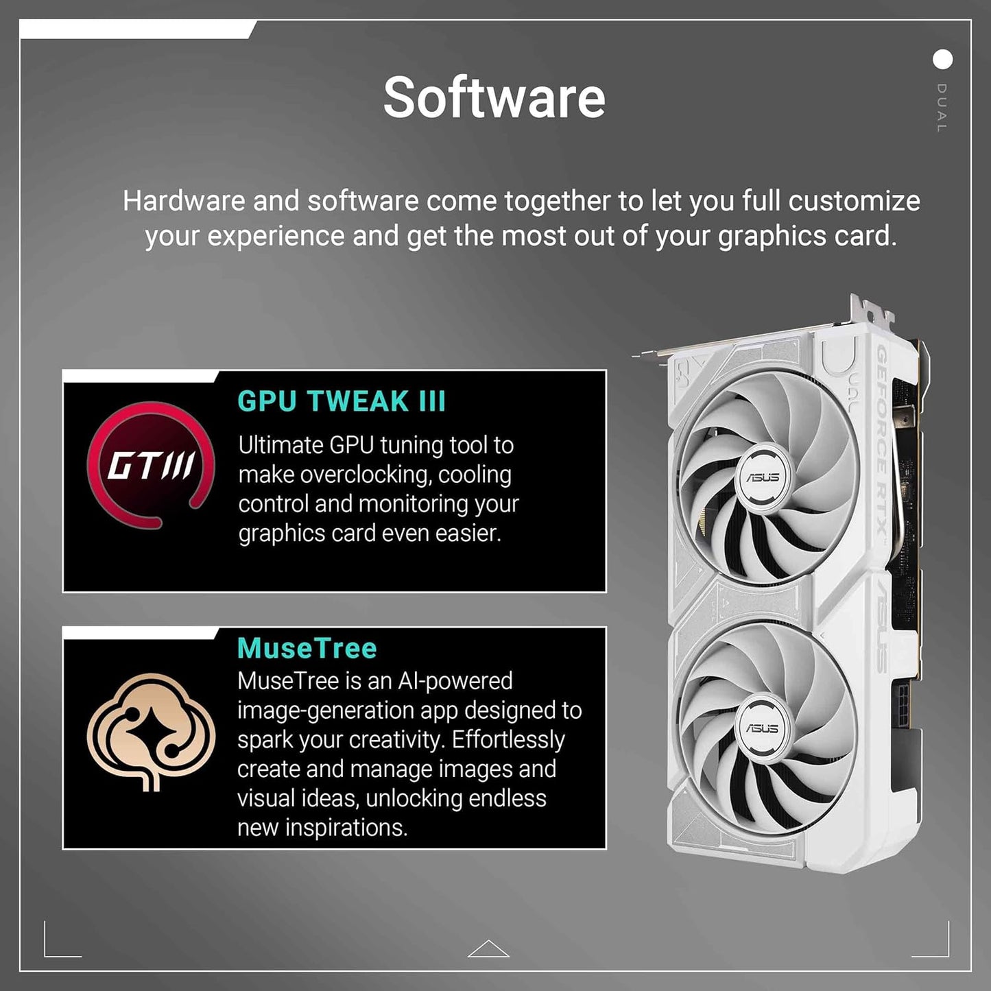 ASUS Dual GeForce RTX™ 5060 8GB GDDR7 White Edition (PCIe 5.0, 8GB GDDR7, DLSS 4, HDMI 2.1b, DisplayPort 2.1b, 2.5-Slot, Axial-tech Fan Design, 0dB Technology, Dual BIOS and More) Elite