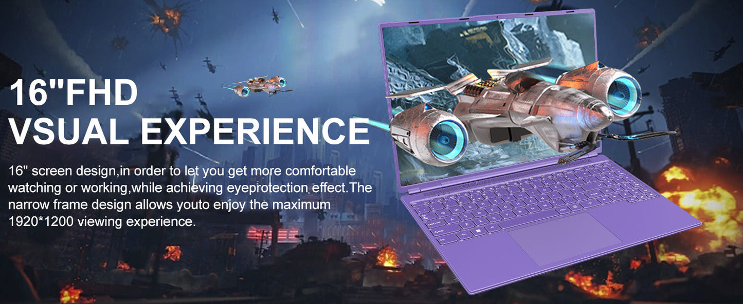 2025 16 Inch Gaming Laptop N5095 (Up to 2.9 GHz) 12GB+512GB SSD Support 1TB Expand Win 11 Laptops 1920 * 1200 FHD Screen 5G WiFi BT 4.2 Webcam Cooling Fan Numeric Keypad-Purple Elite