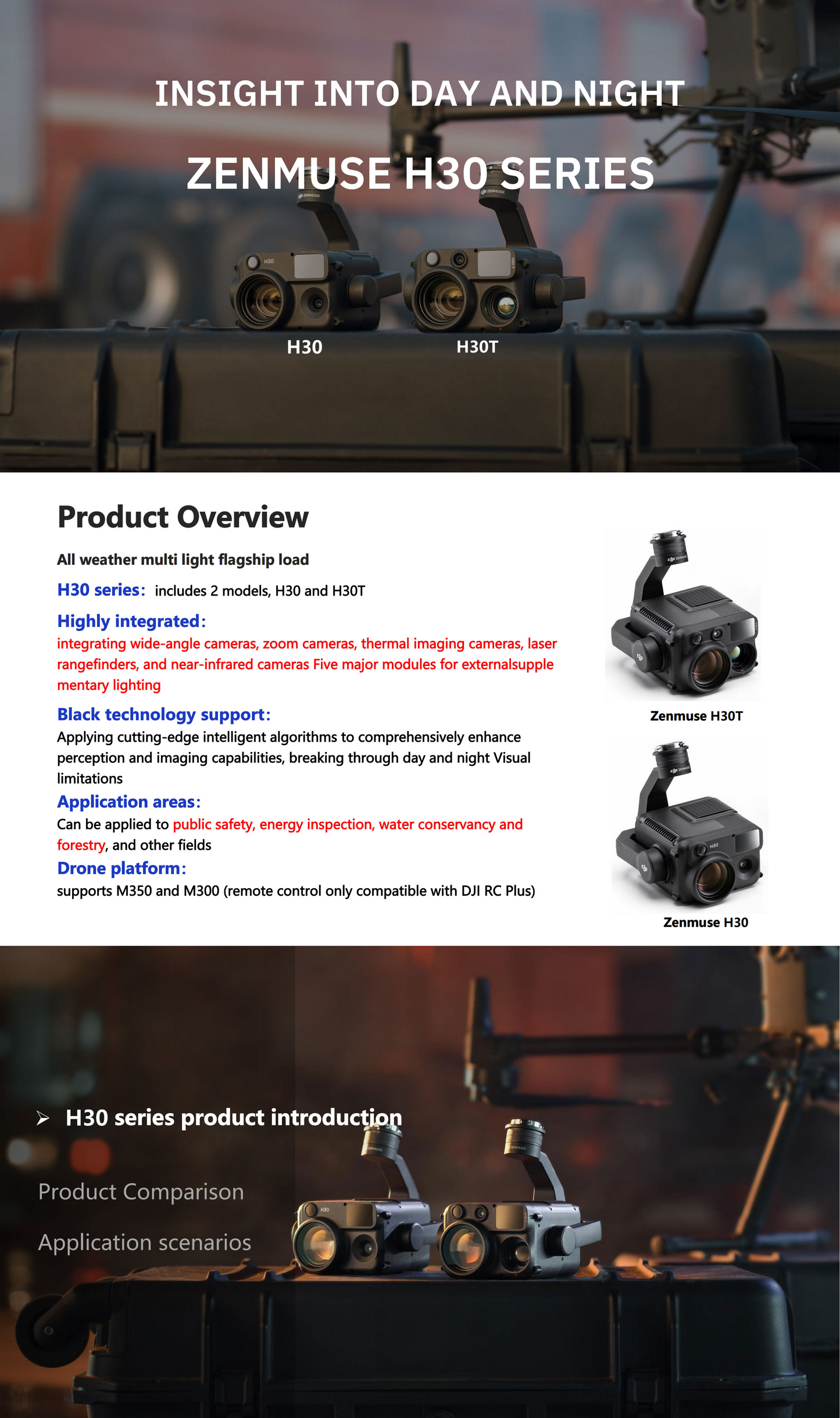 DJI Zenmuse H30T Thermal Camera with Infrared Night Vision Laser Range Finder NIR Auxiliary Light for Matrice 350RTK/Matrice 400 Elite