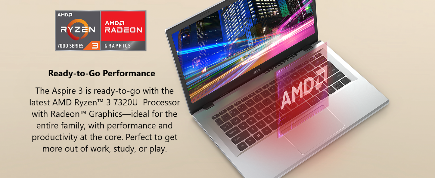 Acer Aspire 3 A315-24P-R7VH Slim Laptop | 15.6" Full HD | AMD Ryzen 3 7320U Quad-Core | AMD Radeon Graphics | 8GB LPDDR5 | 128GB NVMe SSD | Wi-Fi 6 | Windows 11 Home Elite