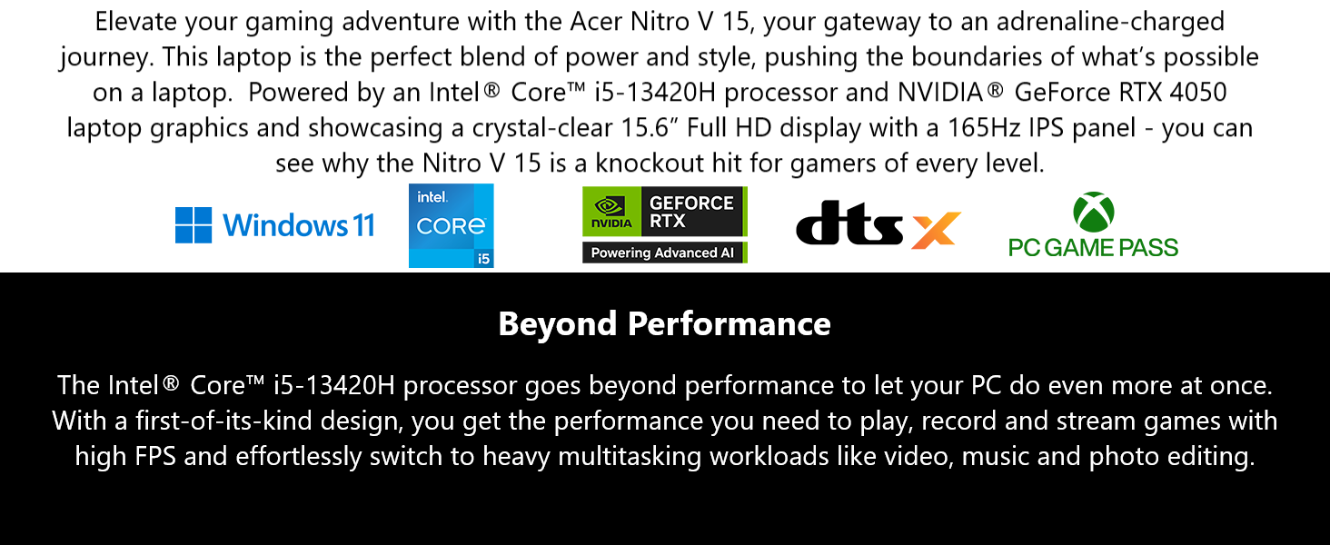 Acer Nitro V Gaming Laptop | Intel Core i5-13420H Processor | NVIDIA GeForce RTX 4050 Laptop GPU | 15.6" FHD IPS 165Hz Display | 8GB DDR5 | 512GB Gen 4 SSD | Wi-Fi 6 | Backlit KB | ANV15-52-586Z Elite