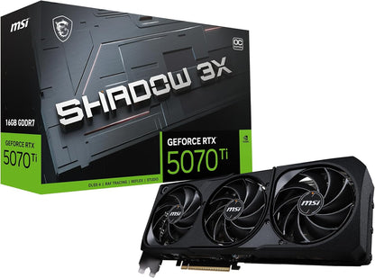 MSI GeForce RTX 5070 Ti 16G Shadow 3X OC — 16GB GDDR7 (28Gbps/256-bit), PCIe 5, Boost: 2482MHz, HDMI 2.1b, DisplayPort 2.1b Elite