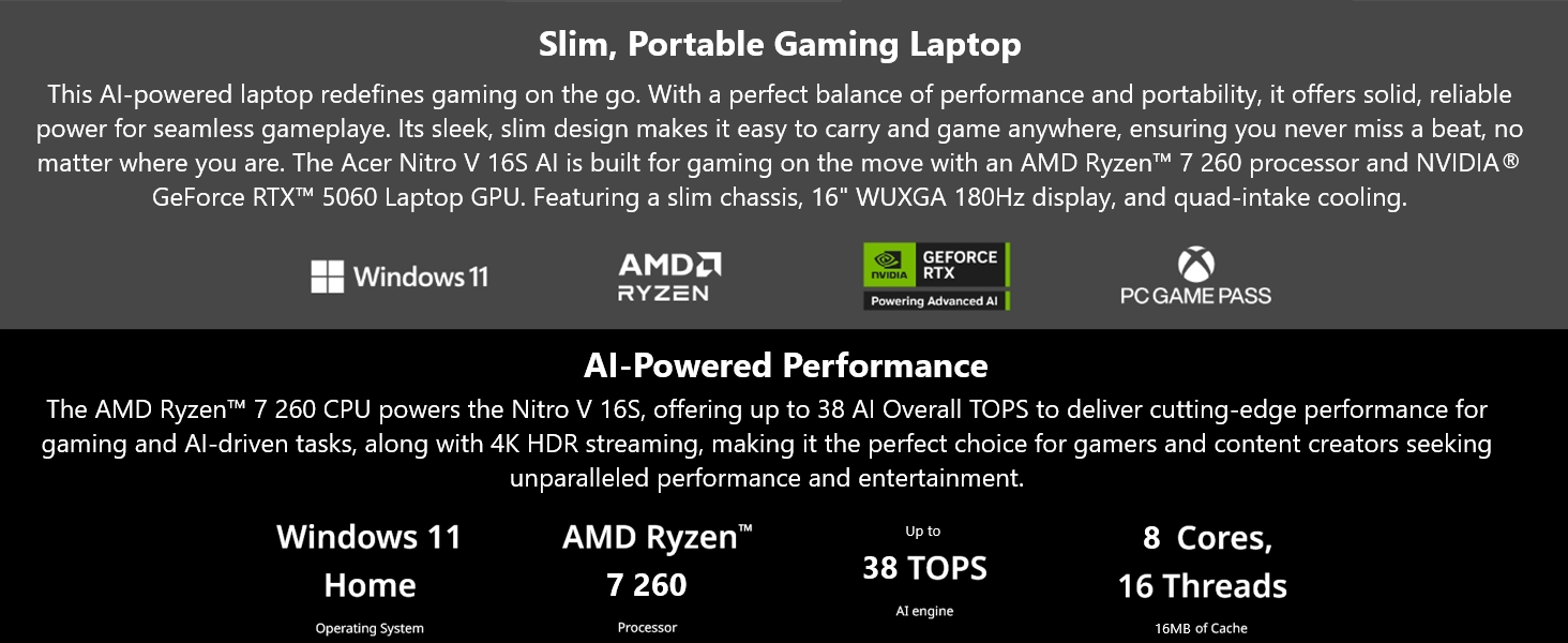 Acer Nitro V 16S AI Gaming Laptop | AMD Ryzen 7 260 Processor | NVIDIA GeForce RTX 5060 Laptop GPU (572 AI Tops) | 16" WUXGA IPS 180Hz Display | 32GB DDR5 | 1TB Gen 4 SSD | Wi-Fi 6 | ANV16S-41-R2AJ Elite