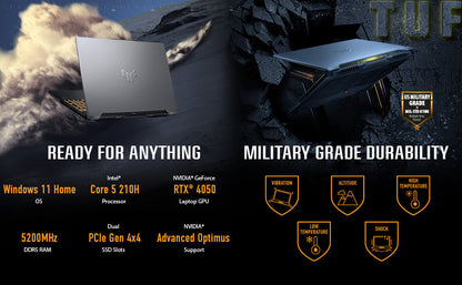 ASUS TUF Gaming F16 (2024) Gaming Laptop, 16” FHD+ 144Hz IPS-Level 16:10 Display, Intel® Core™ 5 210H Processor, NVIDIA® GeForce RTX™ 4050, 8GB DDR5, 512GB PCIe Gen4 SSD, Wi-Fi 6, Windows 11 Home Elite