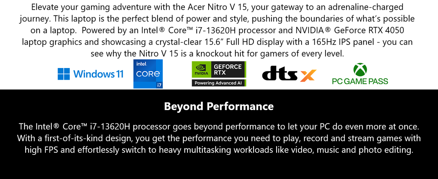 Acer Nitro V Gaming Laptop | Intel Core i7-13620H Processor | NVIDIA GeForce RTX 4050 Laptop GPU | 15.6" FHD IPS 165Hz Display | 16GB DDR5 | 1TB Gen 4 SSD | Wi-Fi 6 | Backlit KB | ANV15-52-76NK Elite